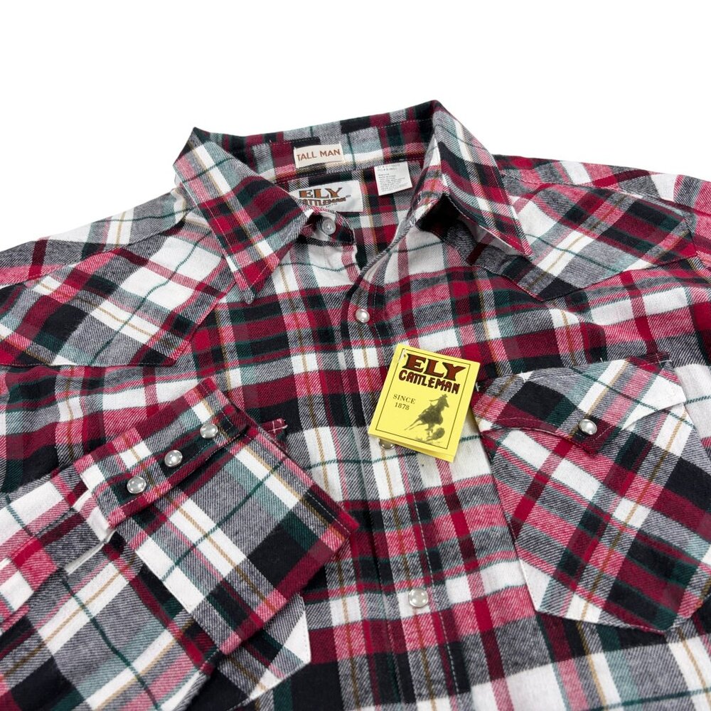 ELY Cattleman Tall Man Western Pearl Snap Flannel Mens Size LT Tall Red Plaid
